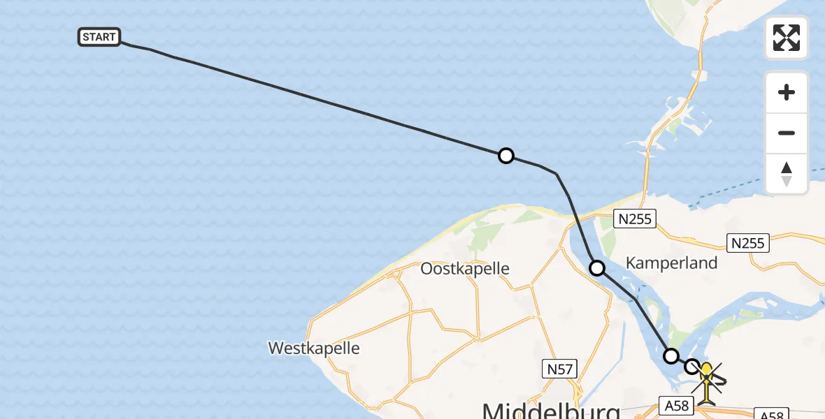 Routekaart van de vlucht: Kustwachthelikopter naar Vliegveld Midden-Zeeland, Calandweg