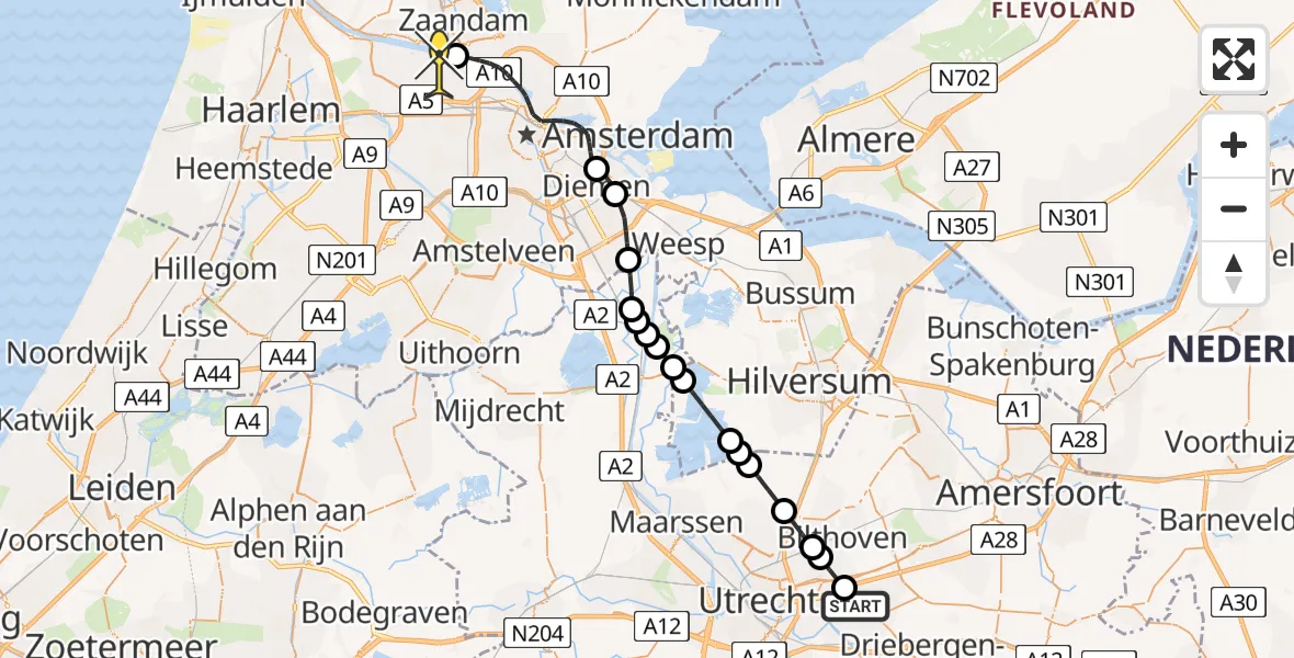 Routekaart van de vlucht: Lifeliner 1 naar Amsterdam Heliport, Utrechtseweg