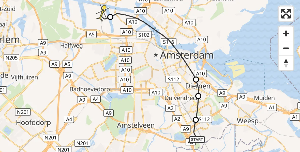Routekaart van de vlucht: Lifeliner 1 naar Amsterdam Heliport, Gaasperdammerpad