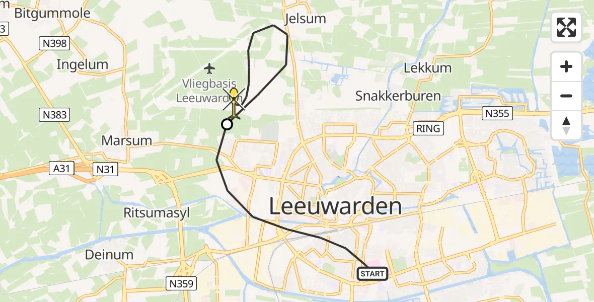 Routekaart van de vlucht: Ambulanceheli naar Vliegbasis Leeuwarden, Wijnhornsterstraat
