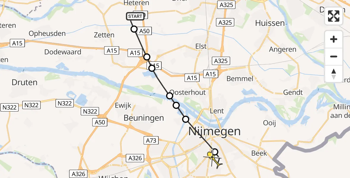 Routekaart van de vlucht: Lifeliner 1 naar Radboud Universitair Medisch Centrum, Weteringsewal