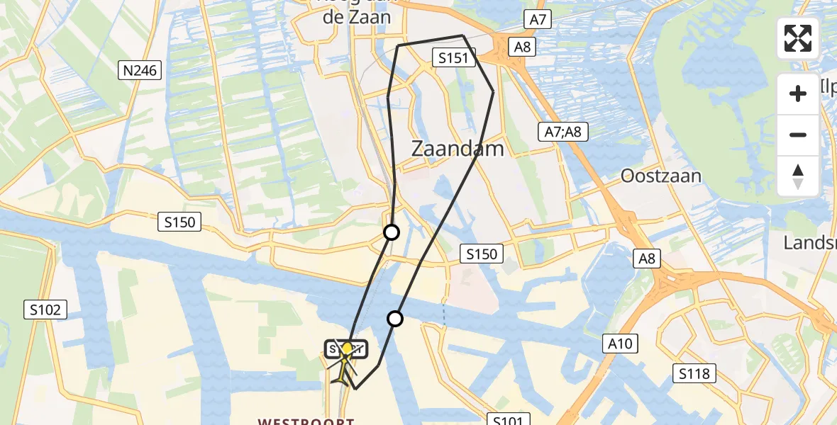 Routekaart van de vlucht: Lifeliner 1 naar Amsterdam Heliport, Grote Tocht
