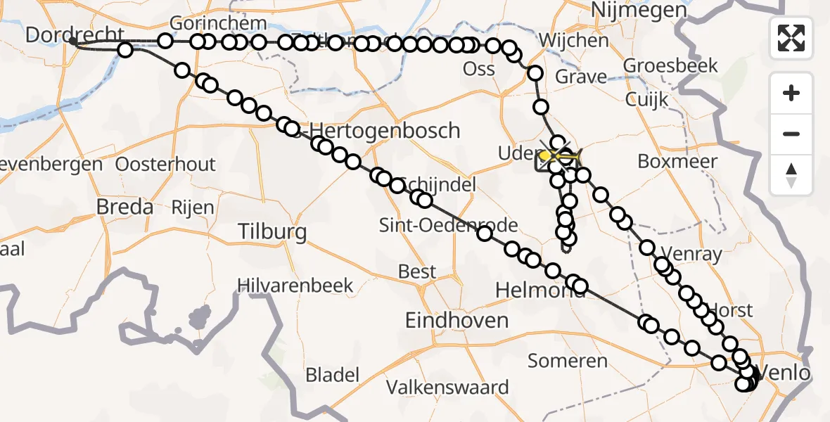 Routekaart van de vlucht: Politiehelikopter naar Vliegbasis Volkel, Oosterheidestraat