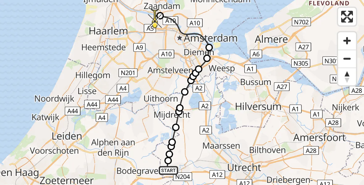 Routekaart van de vlucht: Lifeliner 1 naar Amsterdam Heliport, Hoofdweg