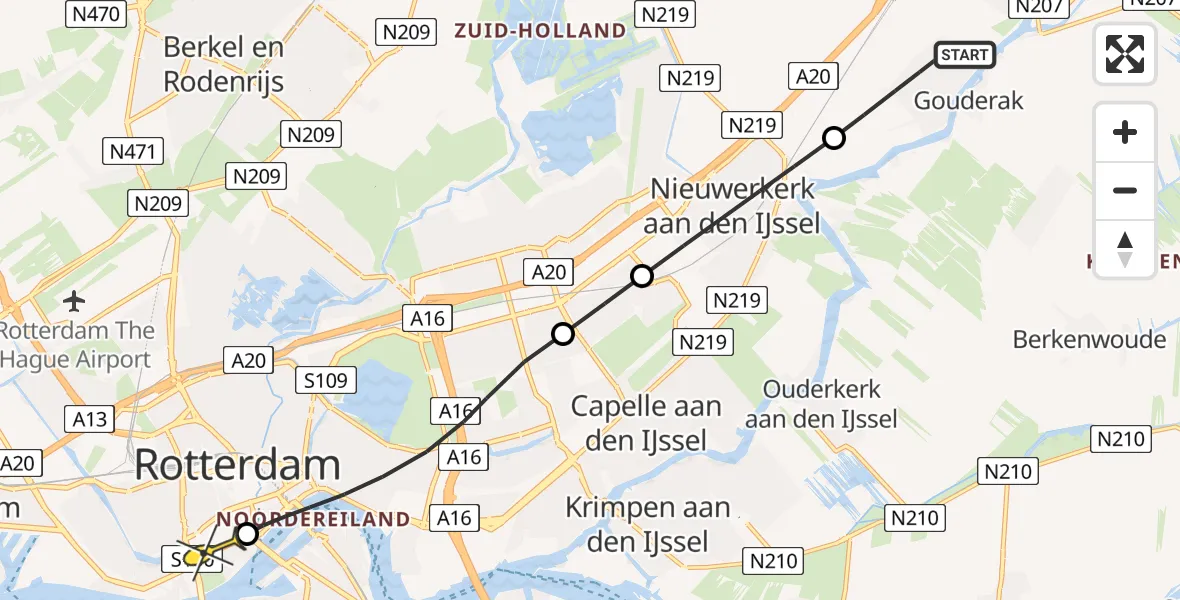 Routekaart van de vlucht: Lifeliner 2 naar Erasmus MC, Weidezoom
