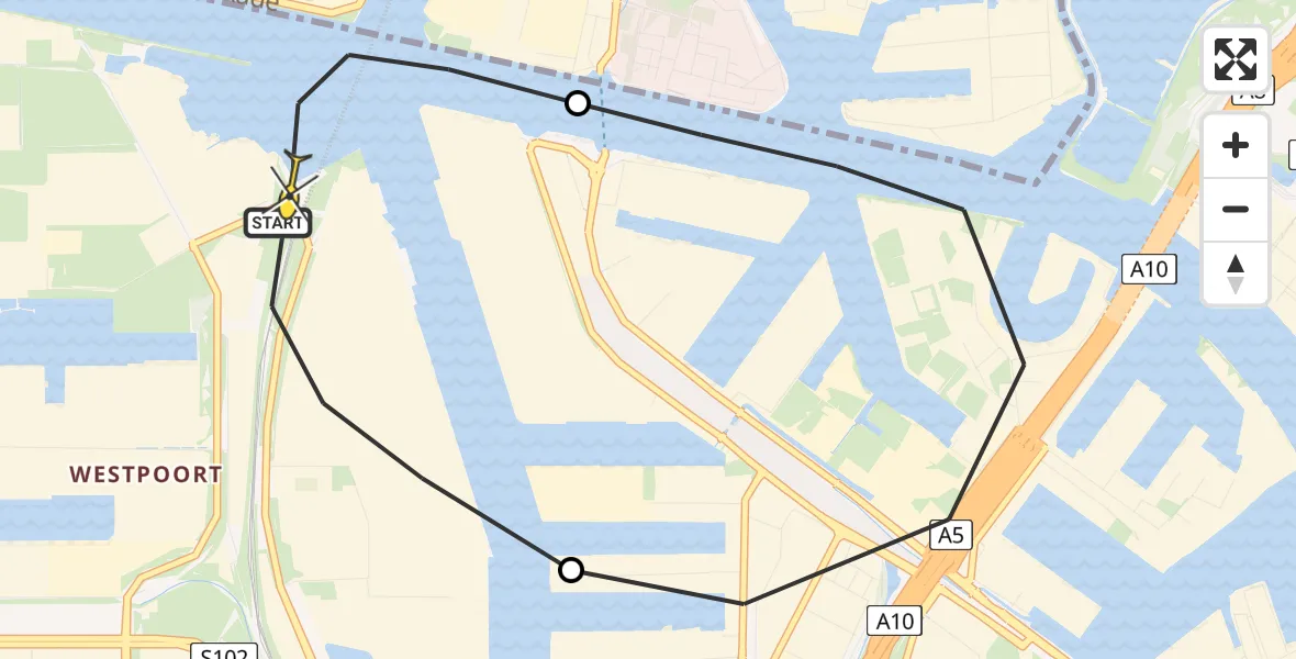 Routekaart van de vlucht: Lifeliner 1 naar Amsterdam Heliport, Corsicaweg
