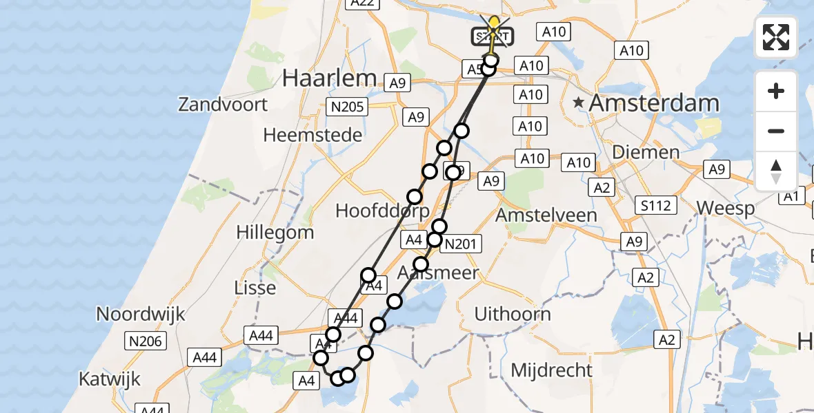 Routekaart van de vlucht: Lifeliner 1 naar Amsterdam Heliport, Nieuw-Zeelandweg