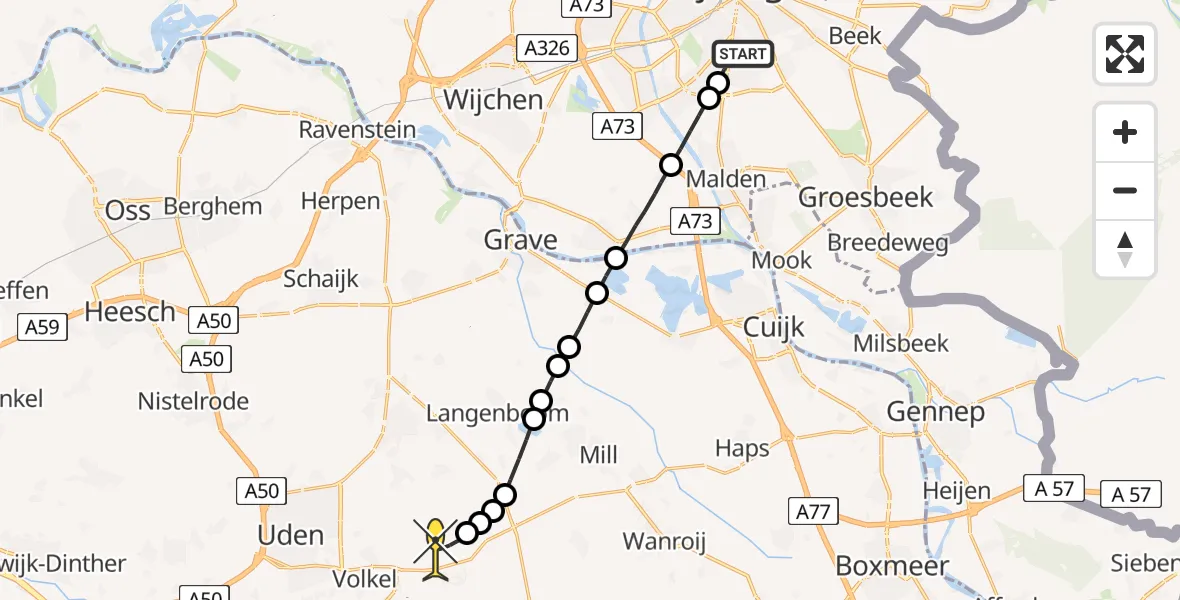 Routekaart van de vlucht: Lifeliner 3 naar Vliegbasis Volkel, Oude Molenweg