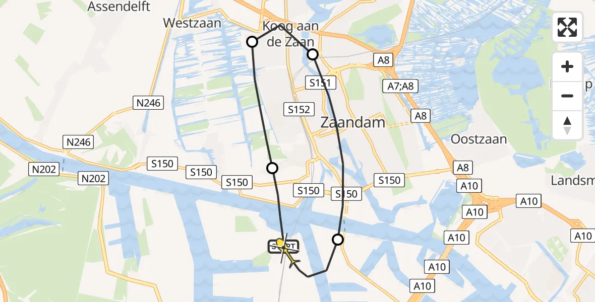 Routekaart van de vlucht: Lifeliner 1 naar Amsterdam Heliport, Albert Heijn Distributiecentrum