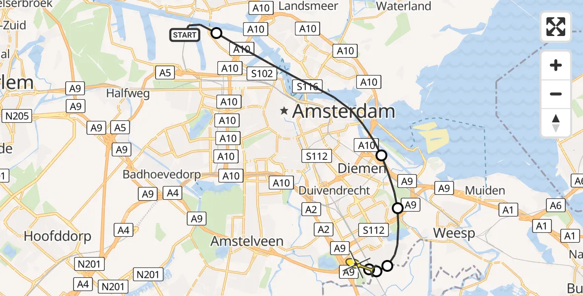 Routekaart van de vlucht: Lifeliner 1 naar Academisch Medisch Centrum (AMC), Hemweg