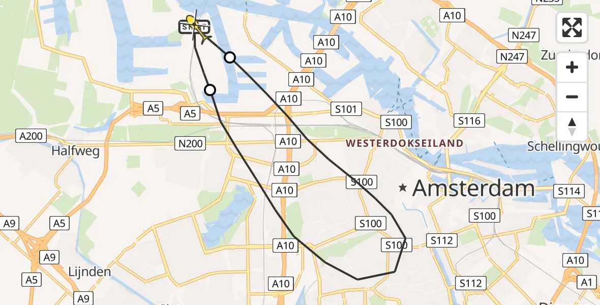 Routekaart van de vlucht: Lifeliner 1 naar Amsterdam Heliport, Corsicaweg