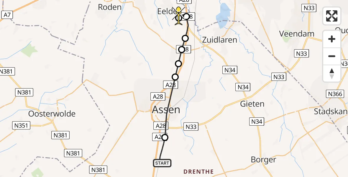 Routekaart van de vlucht: Lifeliner 4 naar Groningen Airport Eelde, Asserweg