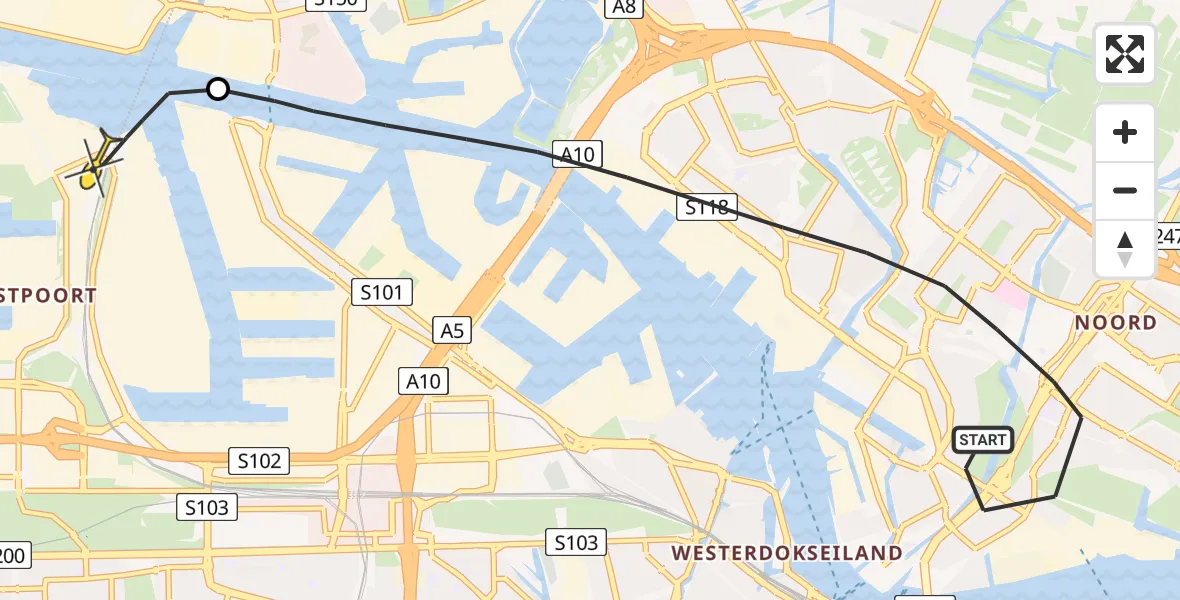 Routekaart van de vlucht: Lifeliner 1 naar Amsterdam Heliport, Meeuwenlaan