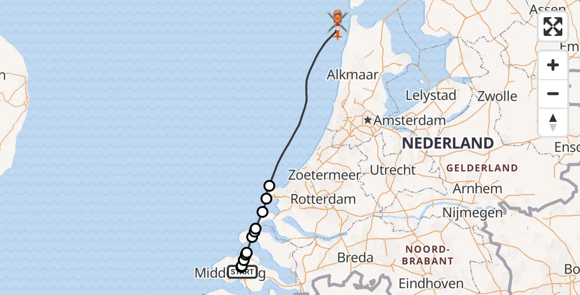 Vluchtroute Kustwachthelikopter Vliegveld Midden-Zeeland - , 27 oktober 2025, 05:08