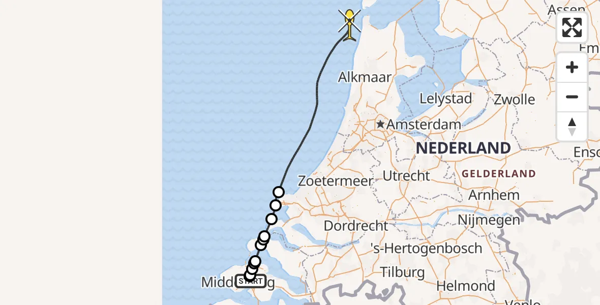Routekaart van de vlucht: Kustwachthelikopter naar Bastiaan de Langeplaat