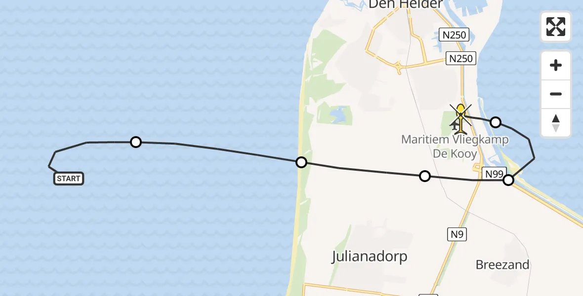 Routekaart van de vlucht: Kustwachthelikopter naar Vliegveld De Kooy, Doggersvaart