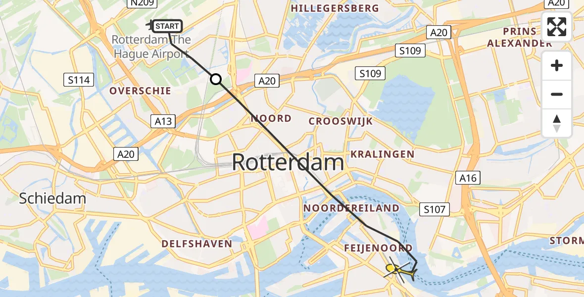 Routekaart van de vlucht: Lifeliner 2 naar Rotterdam, Overschiese Kleiweg