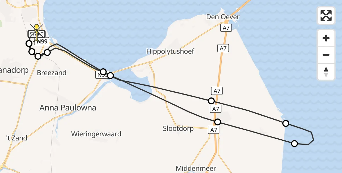 Routekaart van de vlucht: Kustwachthelikopter naar Vliegveld De Kooy, Middenvliet