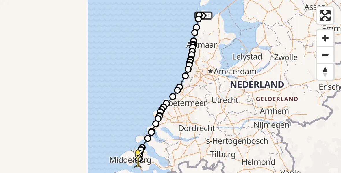 Routekaart van de vlucht: Kustwachthelikopter naar Vliegveld Midden-Zeeland, Kortevliet