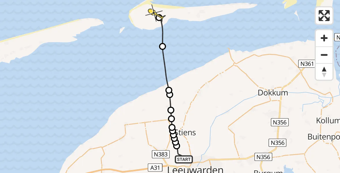 Routekaart van de vlucht: Ambulancehelikopter naar Ameland Airport Ballum, Keegsdijkje