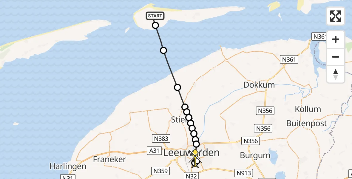 Routekaart van de vlucht: Ambulanceheli naar Leeuwarden, Looweg