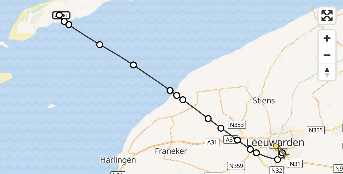 Routekaart van de vlucht: Ambulancehelikopter naar Leeuwarden, Baaiduinen