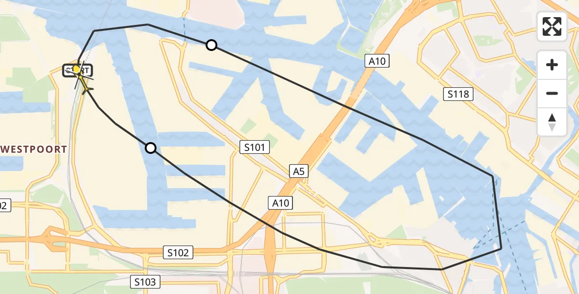 Routekaart van de vlucht: Lifeliner 1 naar Amsterdam Heliport, Stadsstrand Kanaal Noord
