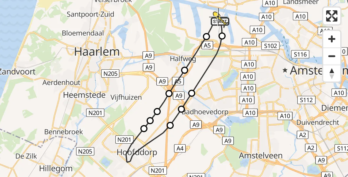 Routekaart van de vlucht: Lifeliner 1 naar Amsterdam Heliport, Hornweg