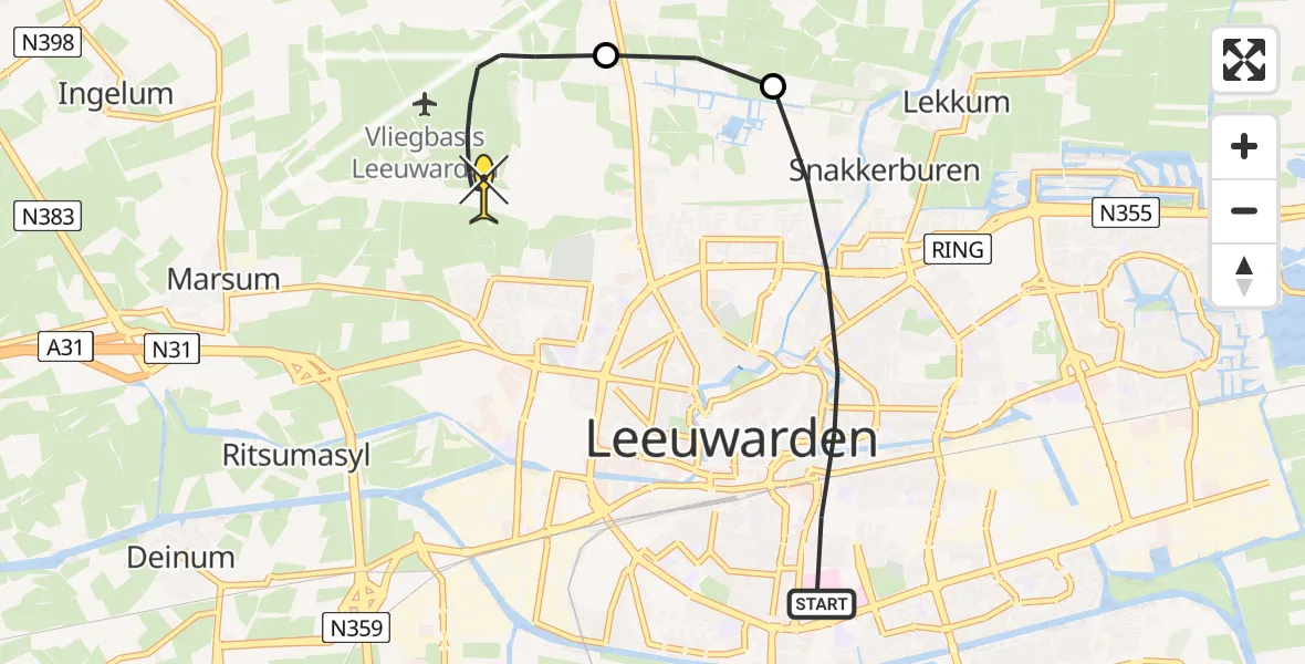 Routekaart van de vlucht: Ambulanceheli naar Vliegbasis Leeuwarden, Van Cronenburchstraat