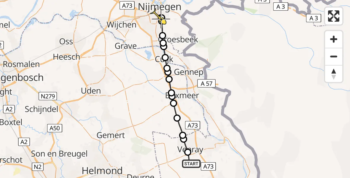 Routekaart van de vlucht: Lifeliner 3 naar Radboud Universitair Medisch Centrum, Steegse Peelweg