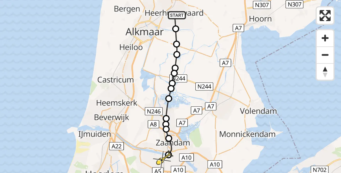Routekaart van de vlucht: Lifeliner 1 naar Amsterdam Heliport, West-Frieslandsingel