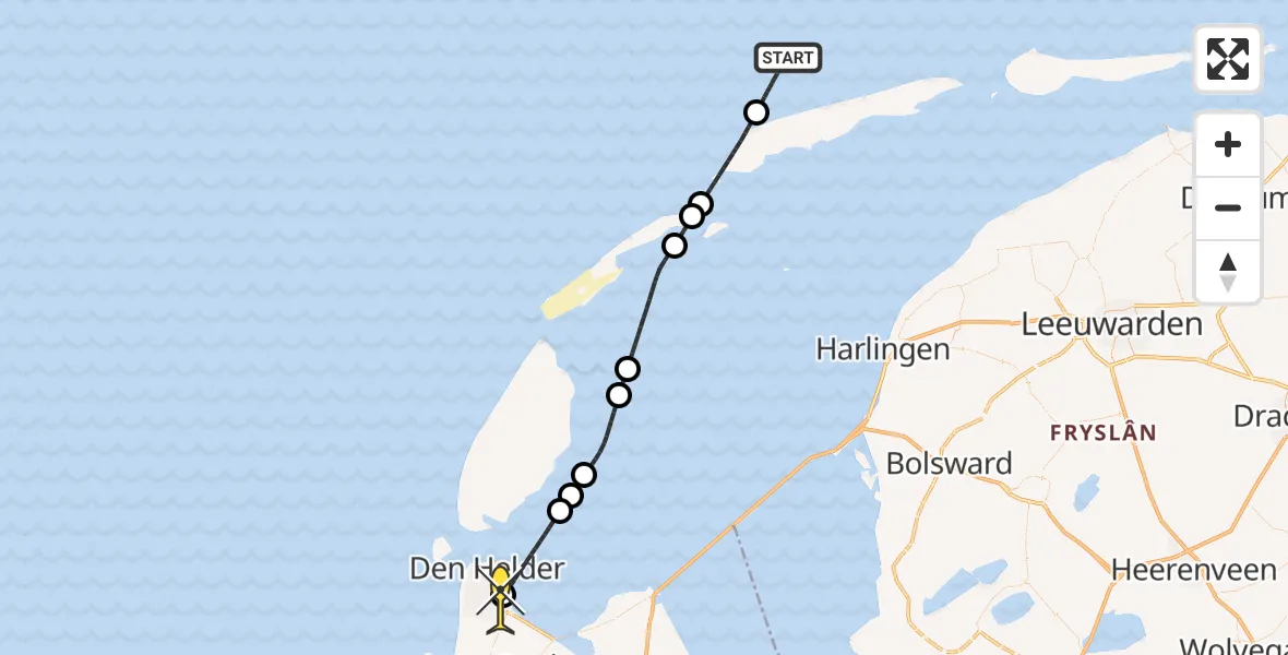 Routekaart van de vlucht: Kustwachthelikopter naar Vliegveld De Kooy, Doggersvaart