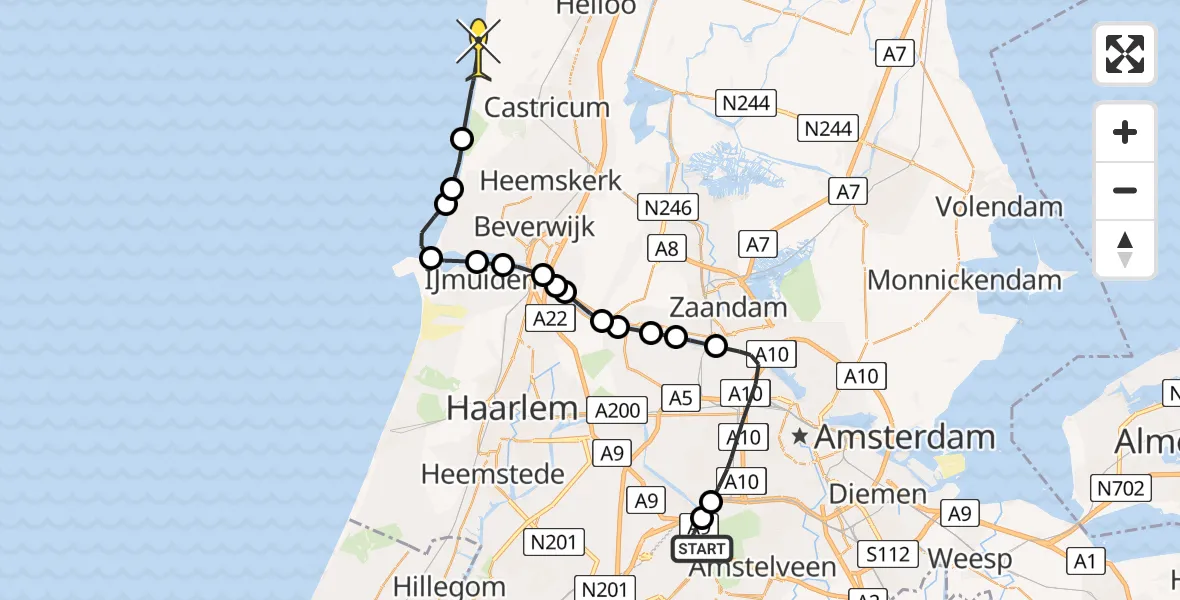 Routekaart van de vlucht: Politieheli naar Egmond-Binnen, Loevesteinse Randweg