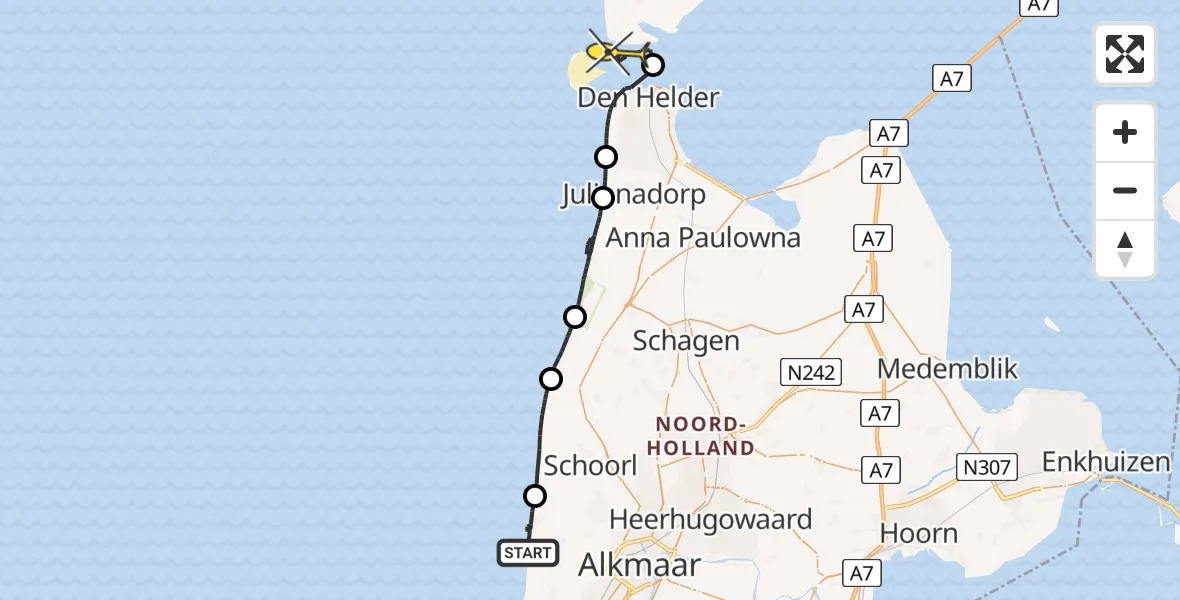 Routekaart van de vlucht: Politieheli naar Den Hoorn, Woudweg