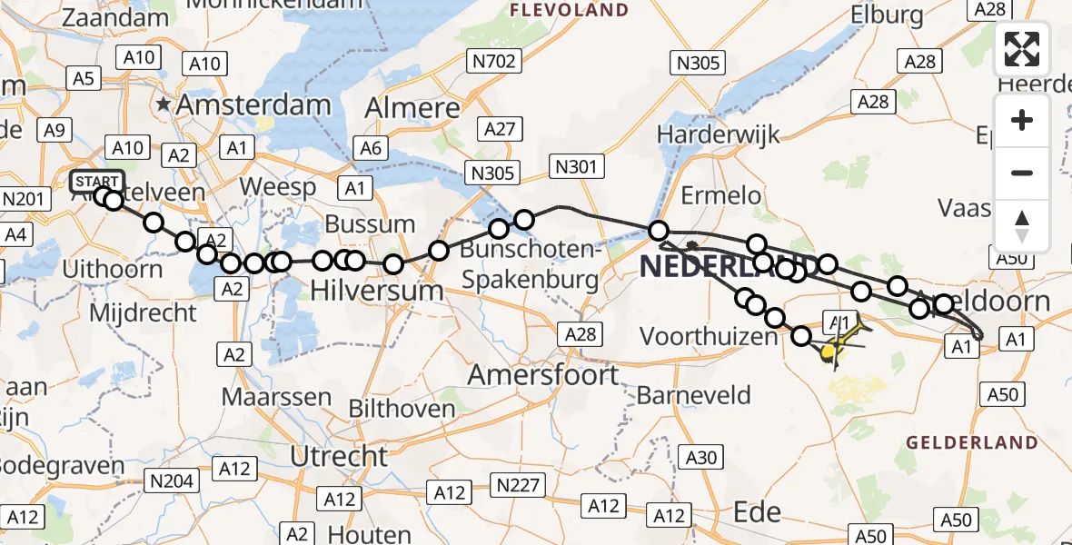 Routekaart van de vlucht: Politiehelikopter naar Kootwijk, Amsterdam-Bataviaweg