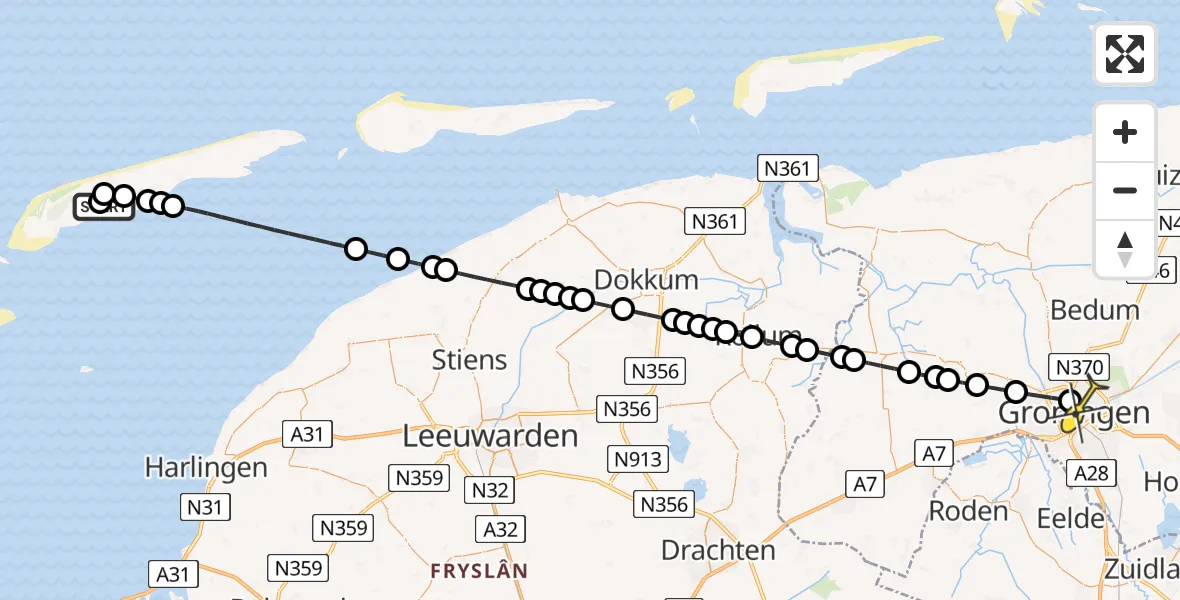 Routekaart van de vlucht: Lifeliner 4 naar Universitair Medisch Centrum Groningen, Midslander Longway