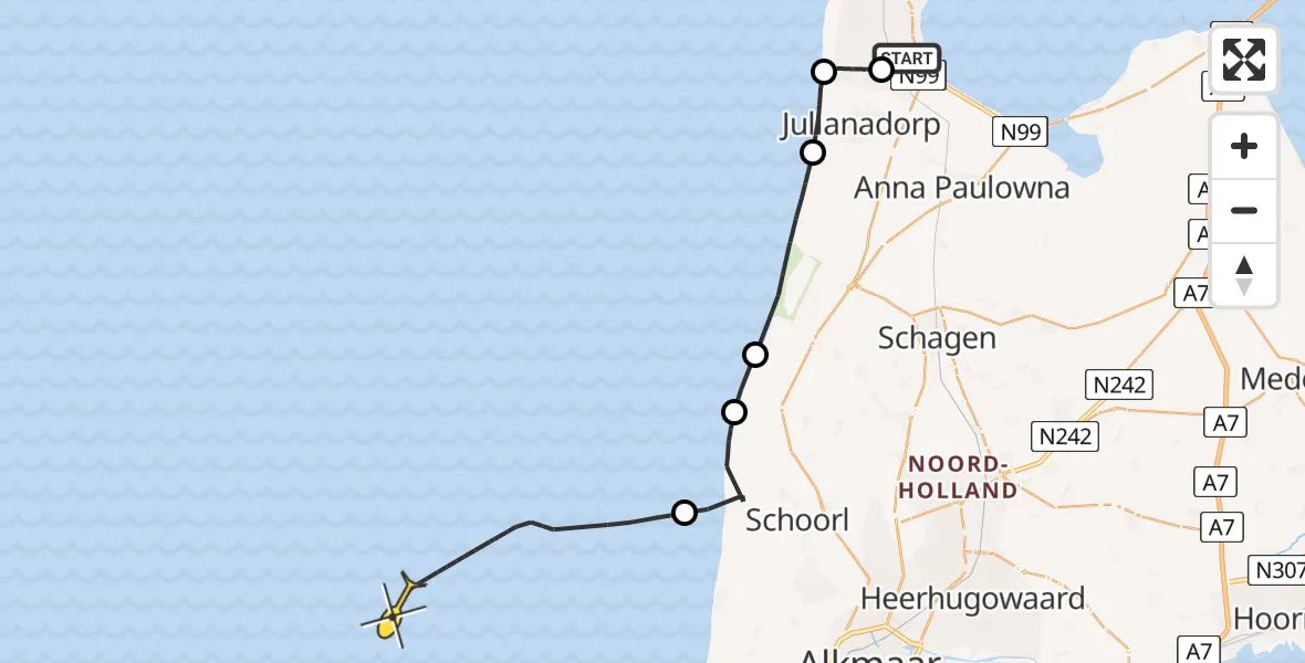 Routekaart van de vlucht: Kustwachthelikopter naar Kortevliet