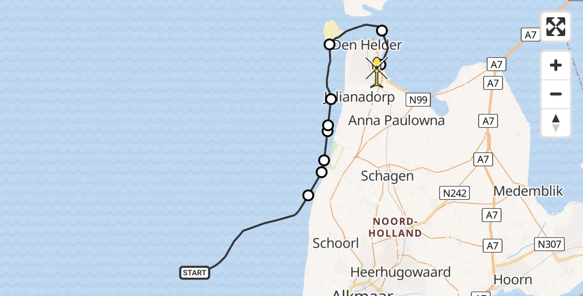 Routekaart van de vlucht: Kustwachthelikopter naar Vliegveld De Kooy, Luchthavenweg