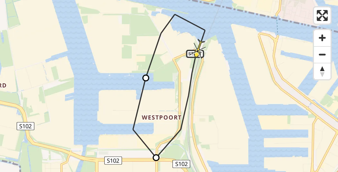 Routekaart van de vlucht: Lifeliner 1 naar Amsterdam Heliport, Nieuw-Zeelandweg