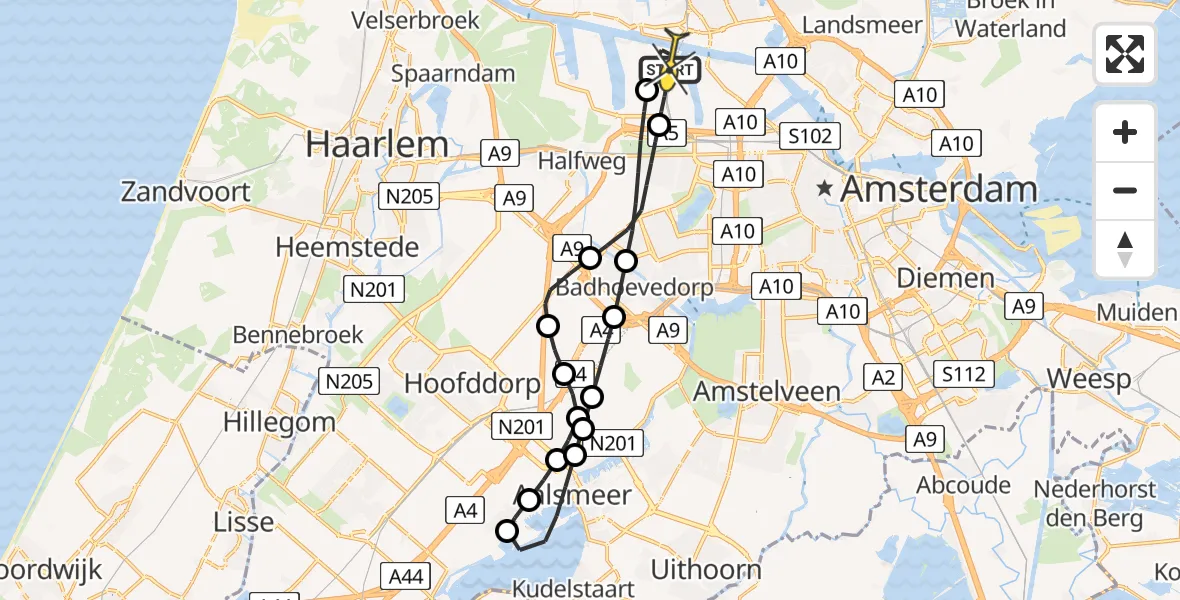 Routekaart van de vlucht: Lifeliner 1 naar Amsterdam Heliport, Nieuw-Zeelandweg