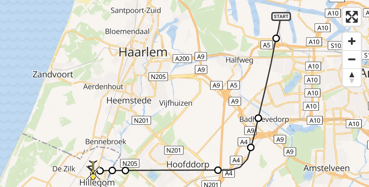 Routekaart van de vlucht: Lifeliner 1 naar Hillegom, Nieuw-Zeelandweg