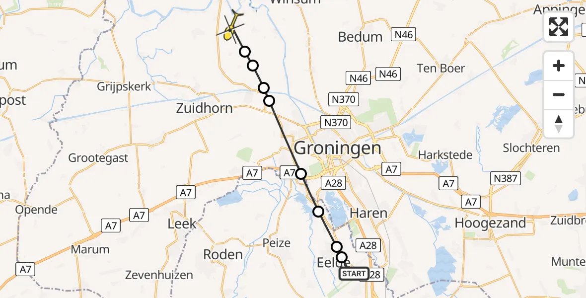 Routekaart van de vlucht: Lifeliner 4 naar Ezinge, Esweg