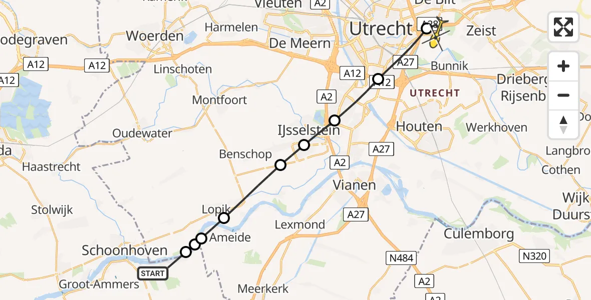 Routekaart van de vlucht: Lifeliner 2 naar Universitair Medisch Centrum Utrecht, Waal