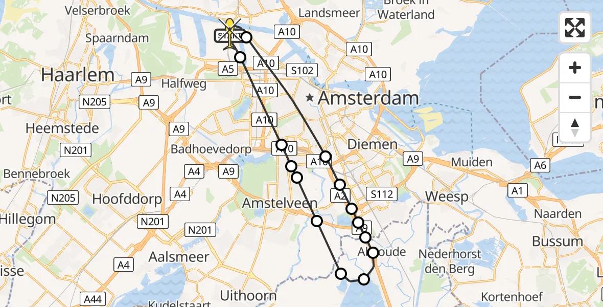 Routekaart van de vlucht: Lifeliner 1 naar Amsterdam Heliport, Corsicaweg