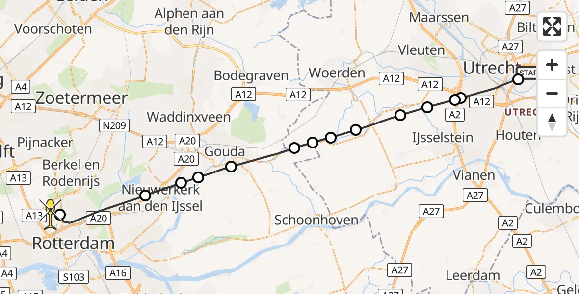Routekaart van de vlucht: Lifeliner 2 naar Rotterdam The Hague Airport, Weg naar Rhijnauwen