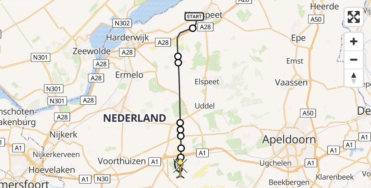 Routekaart van de vlucht: Politieheli naar Kootwijk, Ampèrestraat