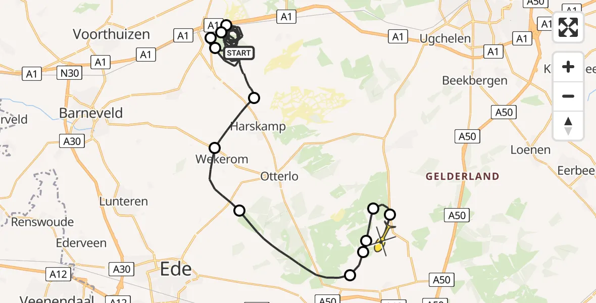 Routekaart van de vlucht: Politiehelikopter naar Vliegbasis Deelen, Heetweg