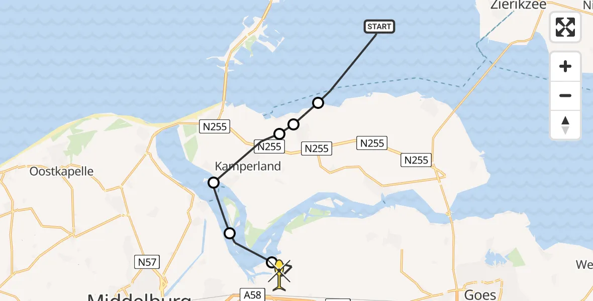Routekaart van de vlucht: Kustwachthelikopter naar Vliegveld Midden-Zeeland, Keihoogteweg