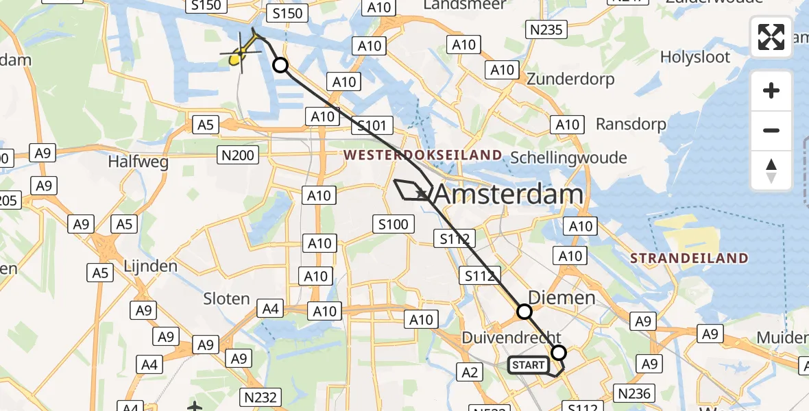 Routekaart van de vlucht: Lifeliner 1 naar Amsterdam Heliport, Florijn