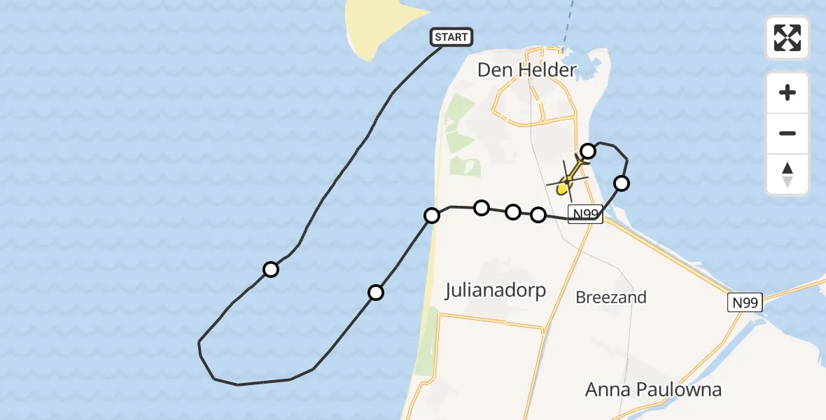 Routekaart van de vlucht: Kustwachthelikopter naar Vliegveld De Kooy, Schulpengat